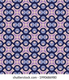 very beautiful lattice seamless pattern. dark blue ornate lattice with overlapping beige, magenta, blue circles, cruciform shapes, segments and polygons lined up in a specific order. vector 