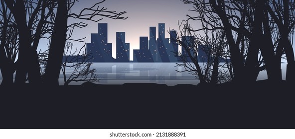 Very beautiful morning cityscape. View from the forest to the metropolis, the river, the sunrise, the sky. Vector.