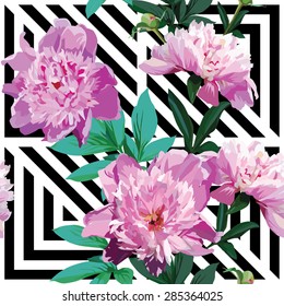 Very beautiful nature summer floral seamless vector pattern made up of a trendy pink peony with green leaves on a stripe geometric black and white background. Fashion flower wallpaper