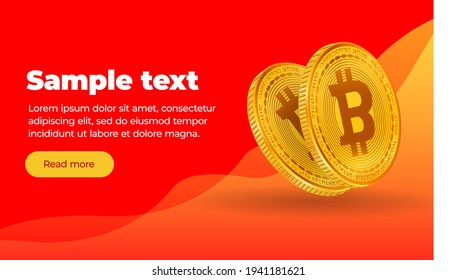 A very beautiful orange banner pattern with text, button, coin digital virtual currency bitcoin against the background of geometric pattern. chart trend upward movement. 3d illustration