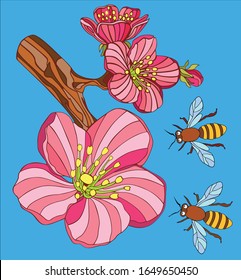 Very beautiful pink flower vector accompanied by two animals who want to eat the flower essence