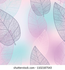 A very beautiful silhouette of the sheet is painted on a delicate pink and purple background. Seamless pattern.