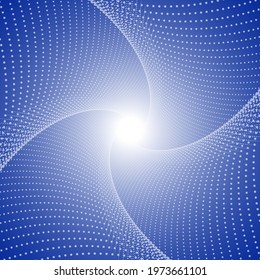 A very beautiful spiral cross pattern of blue and white lines and dots on a blue background with a bright light in the center. Flying dots balls