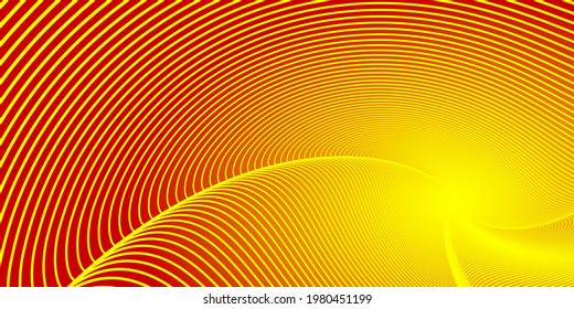 A very beautiful spiral cross pattern of yellow and orange lines and dots on a red background with a bright light in the center. Flying dots balls. Vector illustration