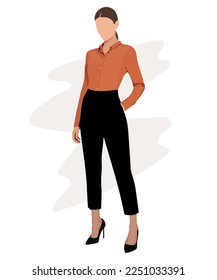 A very beautiful and stylish girl in business and fashionable clothes against an interesting background. Vector illustration in flat style