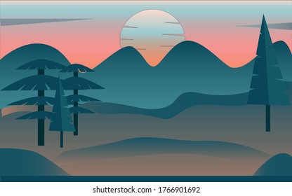 Una hermosa puesta de sol con montañas, árboles y cielo. Puede que te guste esto si eres amante de la naturaleza.