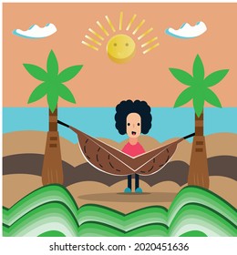 VECTOR MUY BONITO O ILUSTRACIÓN DE LAS VISTAS NATURALES, UNA MONTAÑA, EL MAR, UN COCOTERO Y UN NIÑO DETRÁS DE UN Swing (CONCEPTO DE CAMPING)