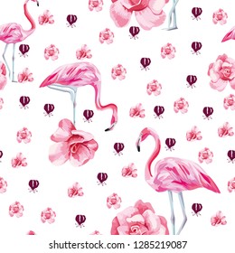 Very beautiful vector tropical bird pink flamingo and rose roses seamless white background. Flat style wallpaper