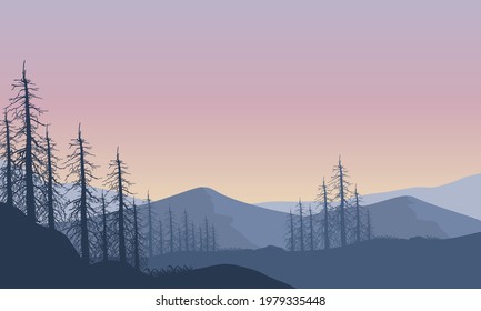 A very beautiful view of the mountains from the edge of the city when the sun rises in the morning. Vector illustration of a city