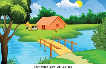 Very beautiful view of the village. The    village is surrounded by trees.The farmer is  giving food to his cow next to the canal or river.Summer season.Villege vector illustration landscape 