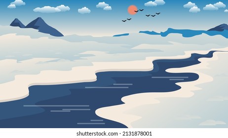 Very beautiful winter landscape. Winding river among snowy fields against the background of hills, sky with sun, clouds, silhouettes of flying birds. Vector. 