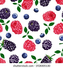 Very berry, blackberry, raspberries, blueberry, white background. Seamless pattern, vector.