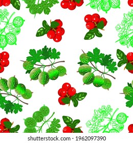  Very berry, cranberry and gooseberry on white background. Seamless pattern, vector.