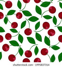 Very berry, red cherries on white background. Seamless pattern, vector.