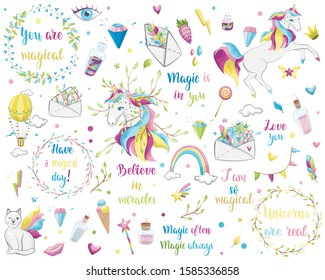 Very big bundle with unicorns, rainbow, ice-cream, cat, phrases and other magic items. Magic design element set. Hand drawn vector illustrations.
