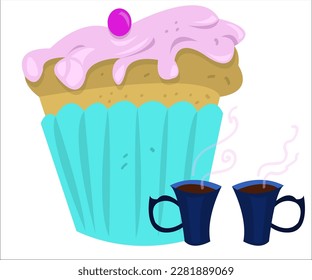 A very big cupcake with pink cream and a berry, and two dark blue cups with hot tea. This illustration can be used as a logotype for cafes, bars, cake shops and baking companies. Vector, isolated.