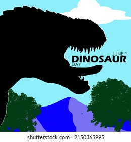 Very big dinosaur sticking out its tongue against the background of mountains and trees with bold texts, Dinosaur Day June 1