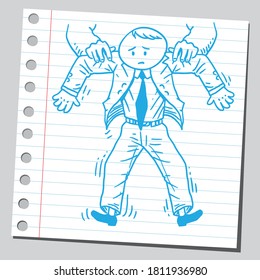 Very big hands holding businessman.