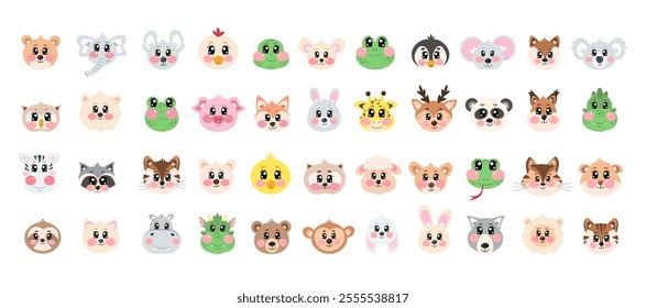 Very big set, collection of cute head, face animals on white isolated background. Happy fun joy face kawaii pets. Kid, baby cartoon graphic design. Kawaii cutie zoo, wild animals vector illustration