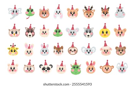 Very big set, collection of cute head, face animals with happy birthday hat on white isolated background. Happy fun joy face kawaii pets. Kawaii cutie zoo, wild animals vector illustration