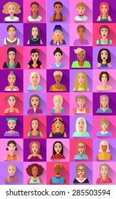 Very big set of various trendy hipster flat style square shaped female character icons with shadows. Represents different subcultures, age, race, nationality and lifestyles.