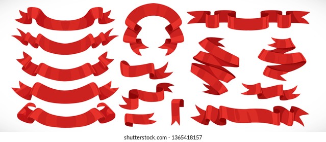 Very big set of vector festive red ribbons for decoration isolated on white background