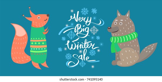 Very big winter sale vector illustration with squirrel and gray wolf with cute forest animals isolated on blue background, season discounts concept