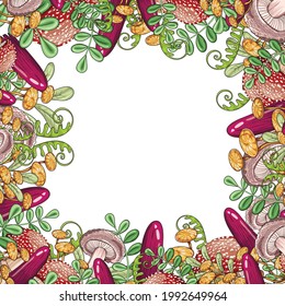 Very bright frame of colored large mushrooms and leaves. Bright mushrooms. A lot of mushrooms. Hand-drawn. Vector illustration.
