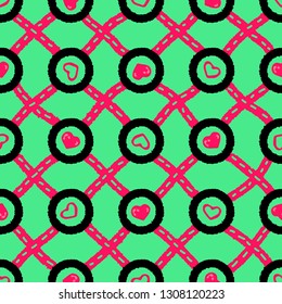 Very bright geometric pattern of hearts, circles and sticks. Super saturated background colors.