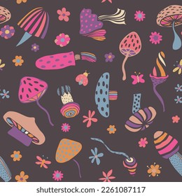 Very bright seamless pattern of colored large mushrooms. Bright mushrooms. A lot of mushrooms. Fabric, wallpaper. Vector illustration.
