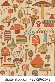 Very bright seamless pattern of colored large mushrooms. Bright mushrooms. A lot of mushrooms. Fabric, wallpaper. Vector illustration.