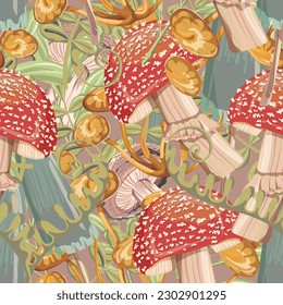 Very bright seamless pattern of colored large mushrooms and leaves. Bright mushrooms. A lot of mushrooms. Fabric, wallpaper. Vector illustration.