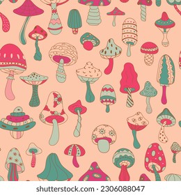 Very bright seamless pattern of colored large mushrooms. Bright mushrooms. A lot of mushrooms. Fabric, wallpaper. Vector illustration.