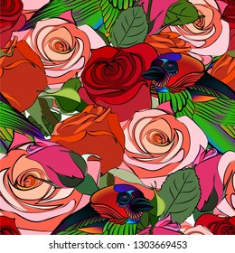 very bright, variegated seamless pattern, depicting an exotic bird on a background of flowers, for decorating designer fabric, home textiles, Wallpaper, cover and other design