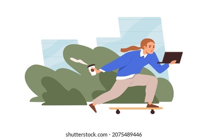 Very busy business woman work with laptop on the go. Modern fast lifestyle concept. Restless stressed employee workaholic rushing and hurrying. Flat vector illustration isolated on white background