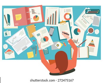 Very Busy Businesswoman Working With Paperwork On Her Desk At Office. Flat Design. Top View.  