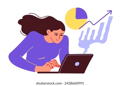 Very busy businesswoman works quickly with a laptop computer