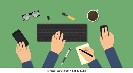 Very busy man hard working at his desk, flat vector illustration banner. Businessman hurry with many hands, smartphone, computer, mouse, note and coffee, business concept banner a lot of work to do.  