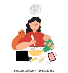 Very busy woman, mother.  Illustration on white background.