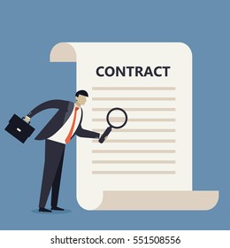 Very careful to check the business contract. Businessman check contract by magnifying glass. Business concepts in vector.
