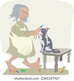 A very cheerful shaggy old woman strokes a cat. She is barefoot and has manicures and pedicures.