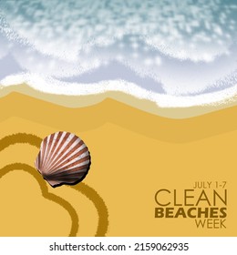Very clean beach with no litter and seashell on the beach sand with bold text, Clean Beaches Week July 1-7