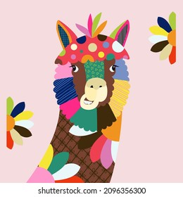 A very colorful and artistic representation of a alpaca farm animal. This image has been created using colorful shapes and patterns to create an eye catching bold style.
