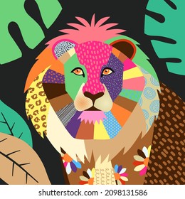A very colorful and artistic representation of a jungle lion. This image has been created using colorful shapes and patterns to create an eye catching bold style.
