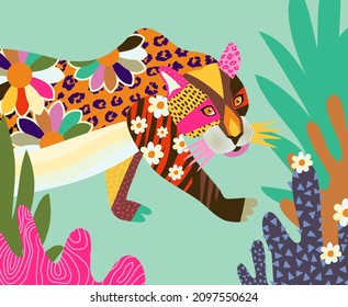 A very colorful and artistic representation of a leopard big cat character. This image has been created using colorful shapes and patterns to create an eye catching bold style.
