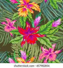 very colorful vector hawaiian pattern. seamless design with exotic flowers and orchids. Vintage style illustration. Khaki background.