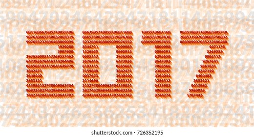 Very complex numeric artwork. '2017' was made from many small overlapping digits. Background was made from a big faded digits. Colors - red and orange shades.
