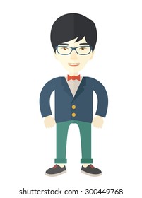 Ein sehr zuversichtlicher asiatischer Kerl, der gerade steht und zeigt, dass er ein starkes Team zusammenbaut. Teamwork-Konzept. Ein zeitgenössischer Stil. Vektorgrafik-Design, einzeln auf weißem Hintergrund