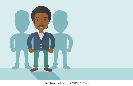 A very confident black guy standing straight showing that he has a strong teambuilding togetherness. Teamwork concept. A contemporary style with pastel palette soft blue tinted background. Vector flat