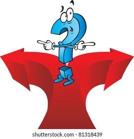 A very confused cartoon question mark cant decide on his direction. Vector illustration.